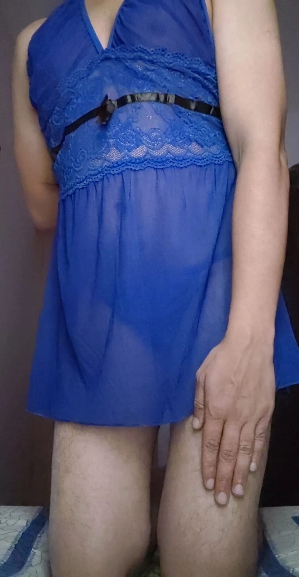 Young cute gay, Slimmy Sree in navy blue baby doll cloth #5