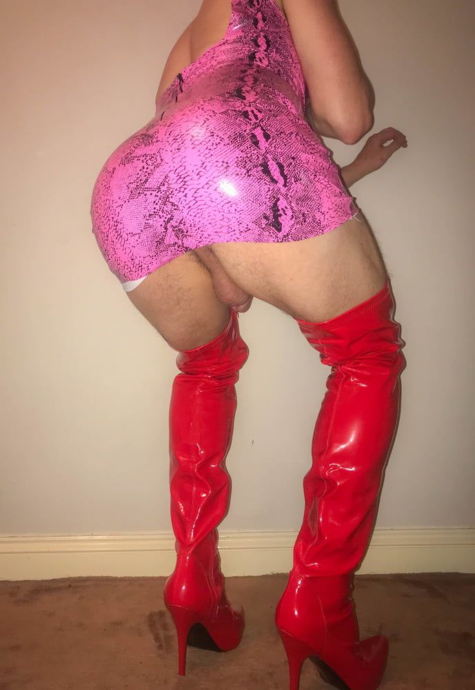 Pink vinyl PVC snakeskin dress with red Latex boots   #24