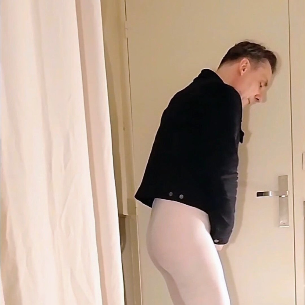 Cock stroking and handjob in white open pantyhose #8