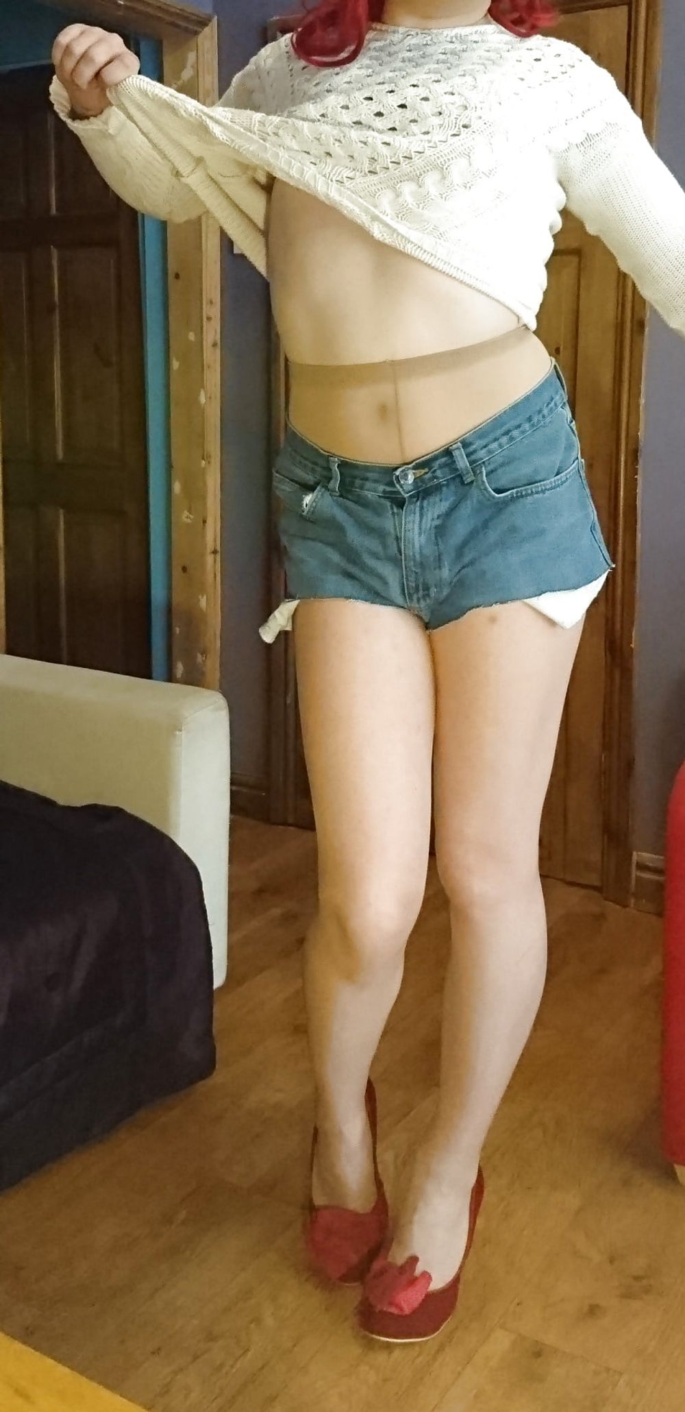 Marie crossdresser denim cut-offs and nude pantyhose #9