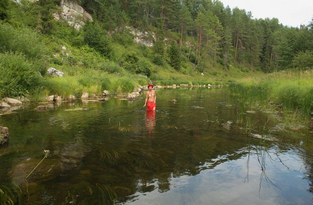 With Horns In Red Dress In Shallow River #11