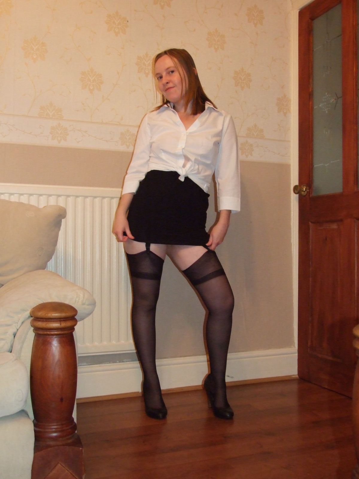 Secretary in heels miniskirt stockings and suspenders  #6