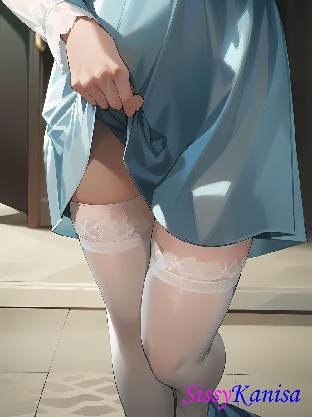 Kanisa on Blue Satin Nightgown and Chastity Cage. #8