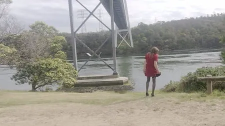 crossdess road trip red dress follow the river         