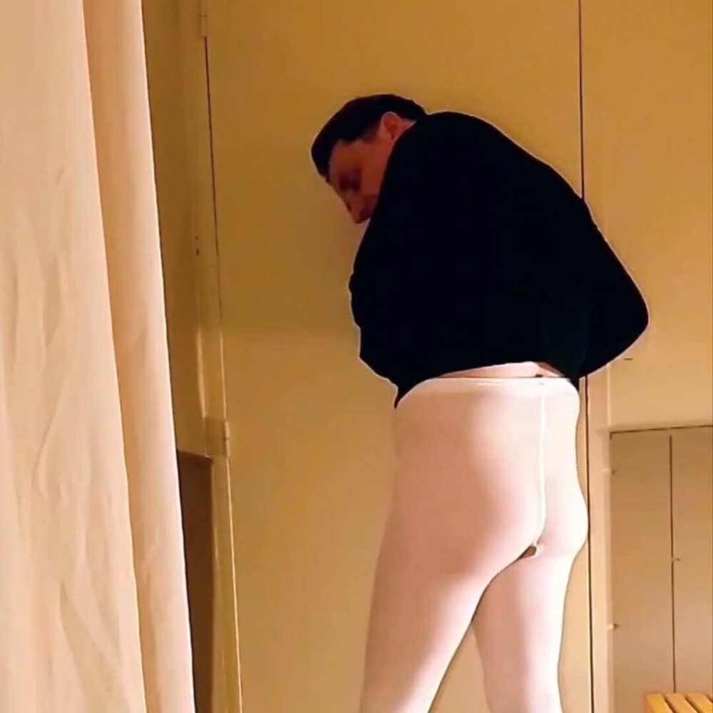 Cock stroking and anal play in white open pantyhose #15