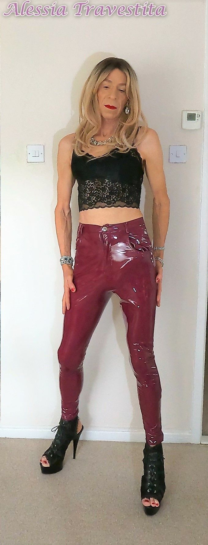76 Alessia Travestita in Burgundy PVC Jeans #38