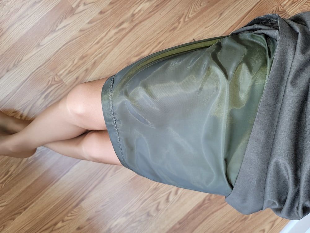 Lined green office pencil skirt with glossy pantyhose  #16