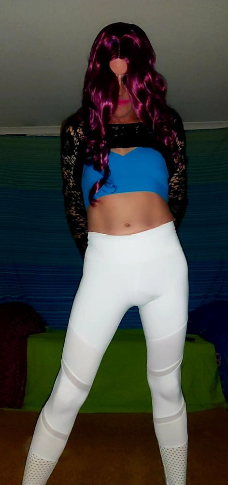 New red heels ,white tights and black top