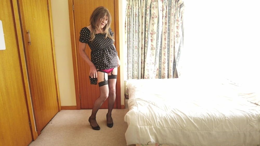 Crossdress Striptease poka dot dress #8