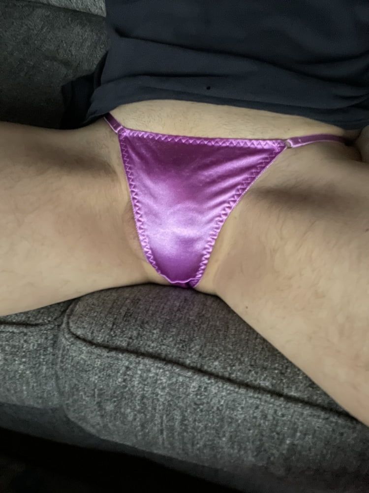 Cock in little purple thong panties #4