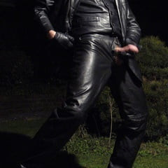 Leather Master outdoors at night
