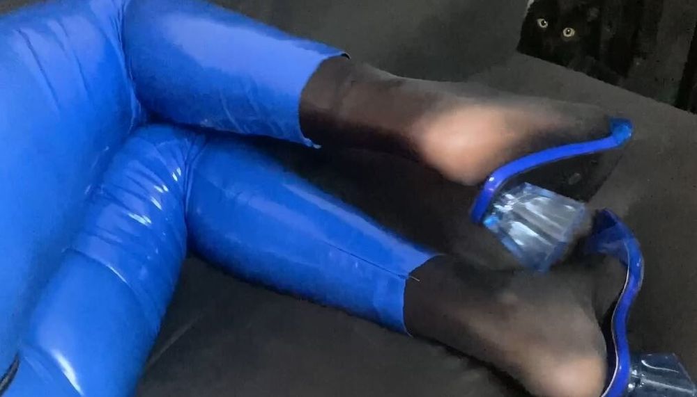 Blue Heels, Blue Leggings and Nylon Feet #6