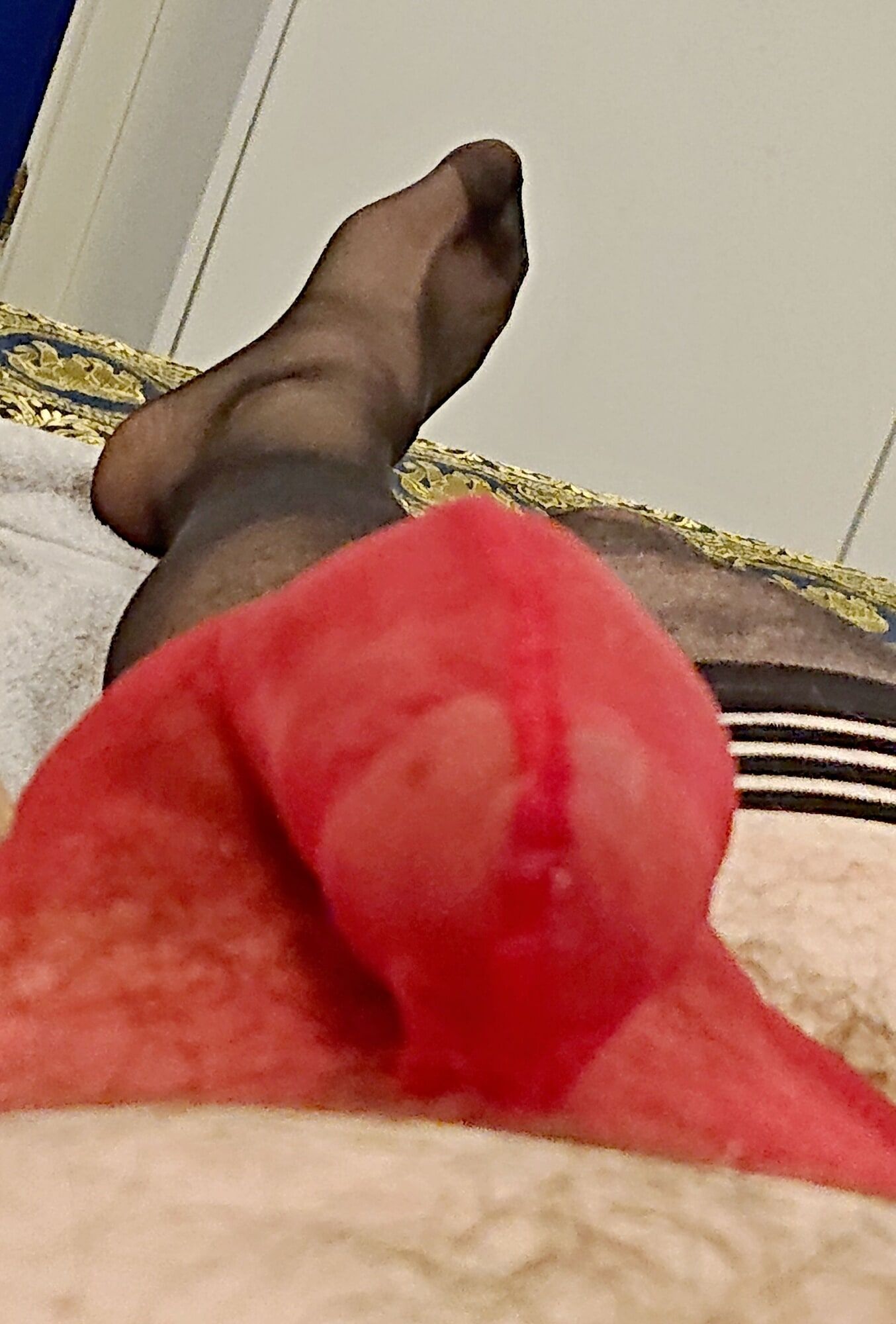 Man posing in sexy black nylon stockings and red sheer panti #15