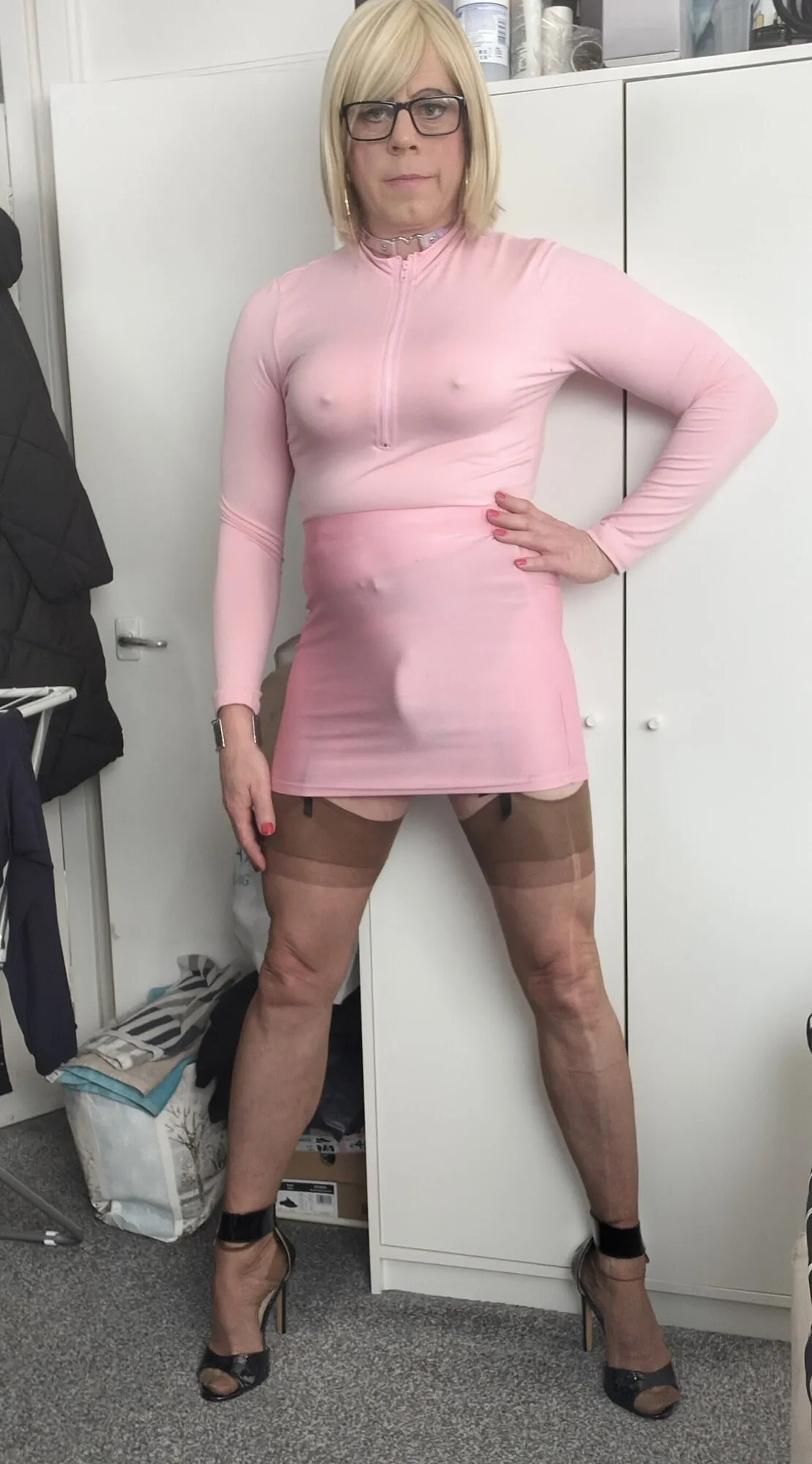 Crossdresser Holly pink mini skirt and stockings #4