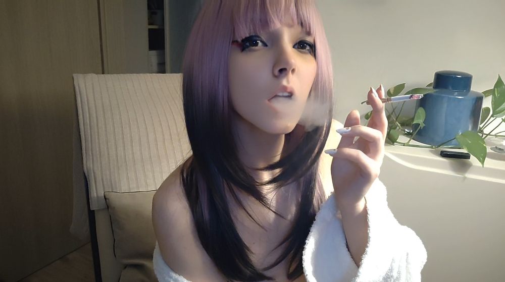 Small titties Egirl in bathrobe smoking #7