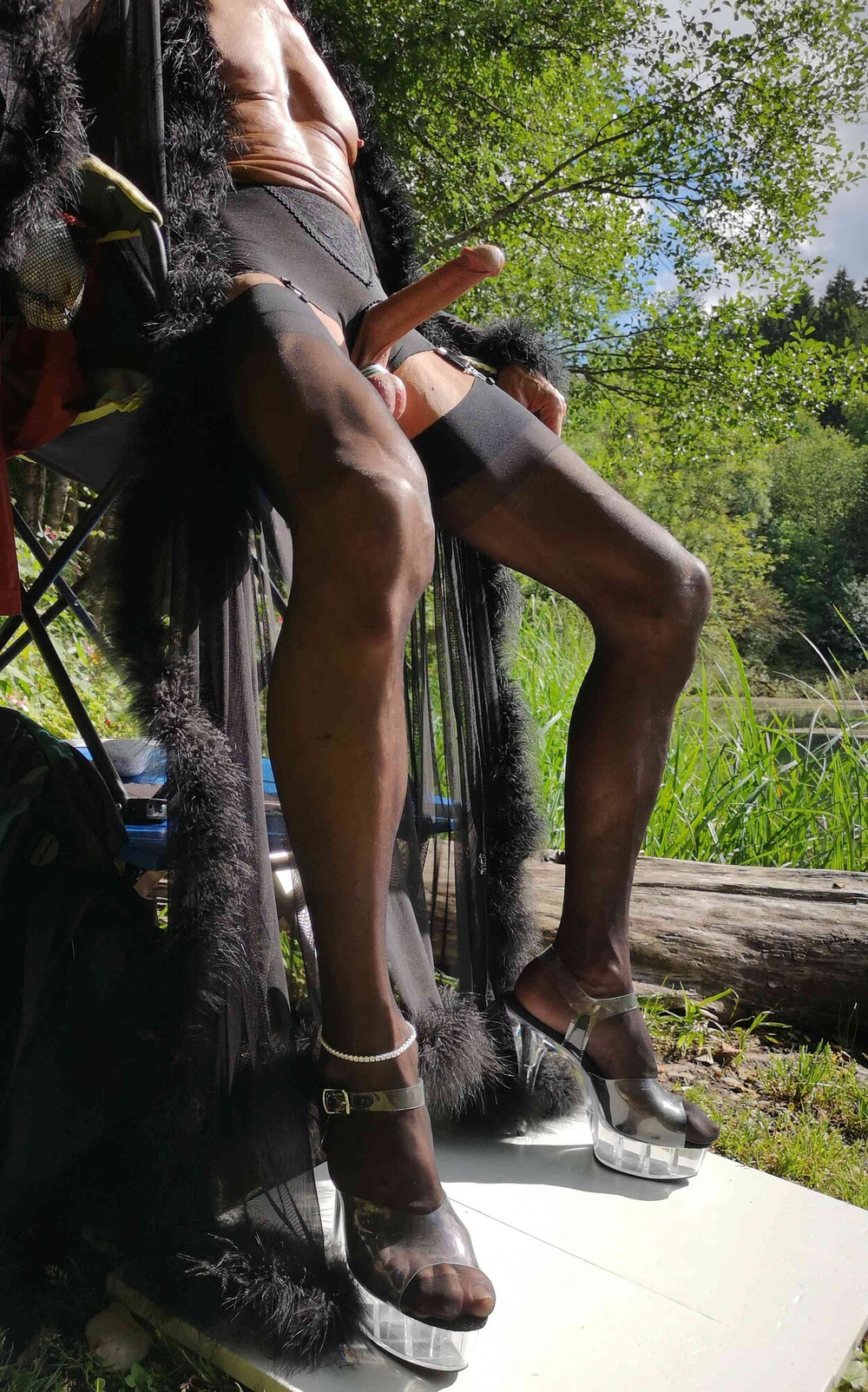 Boner in Suspender Pantie at public Nudist Lake #17