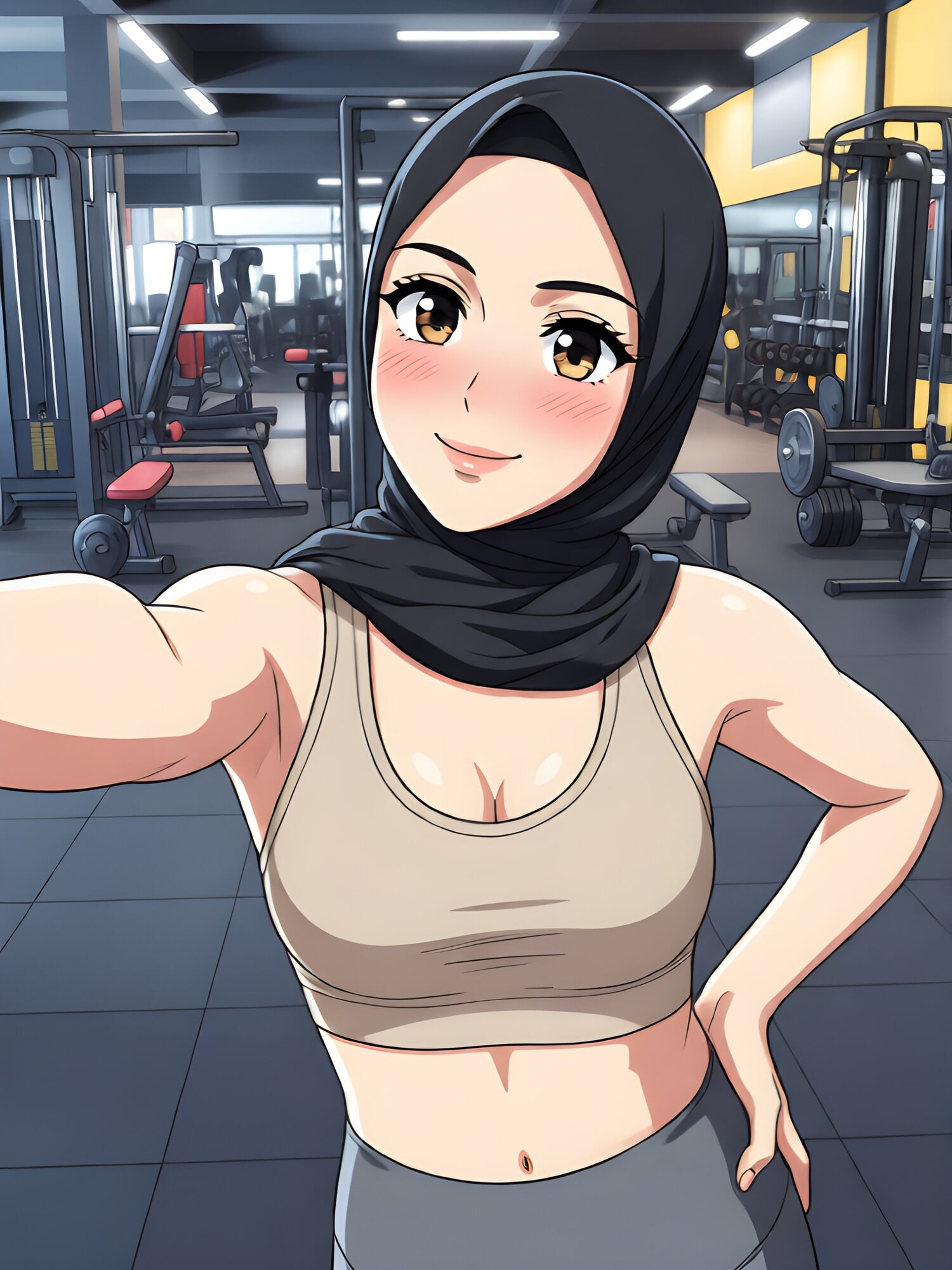 AI - Asian Hijab Girl Doing Naked Gym Selfie 