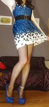 marie crossdresser blue dress and sheer pantyhose        