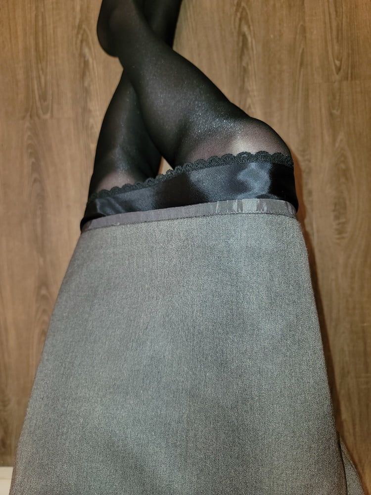 Grey Pencil Skirt with black silky half slip #12