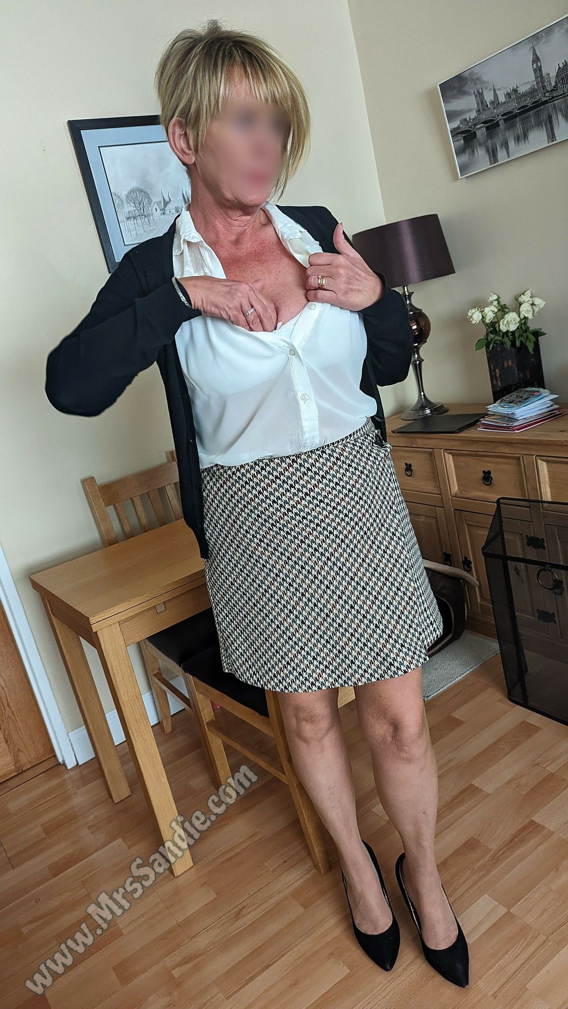 Ready for work in skirt, blouse, pantyhose and heels. #2
