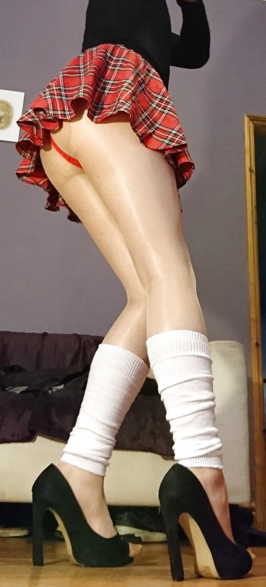 Marie crossdresser college girl, leg warmers and pantyhose #10