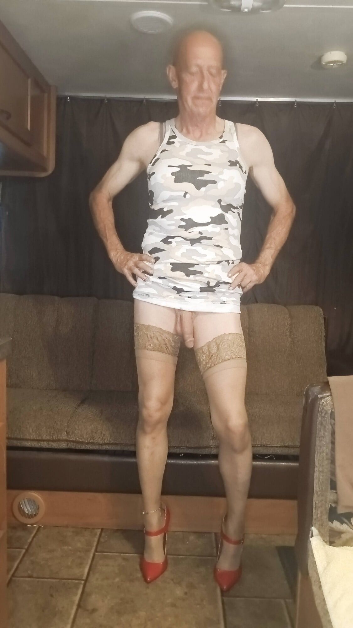Faggot Andrew Brown in Camo Dress, Thigh Highs and Heels #5