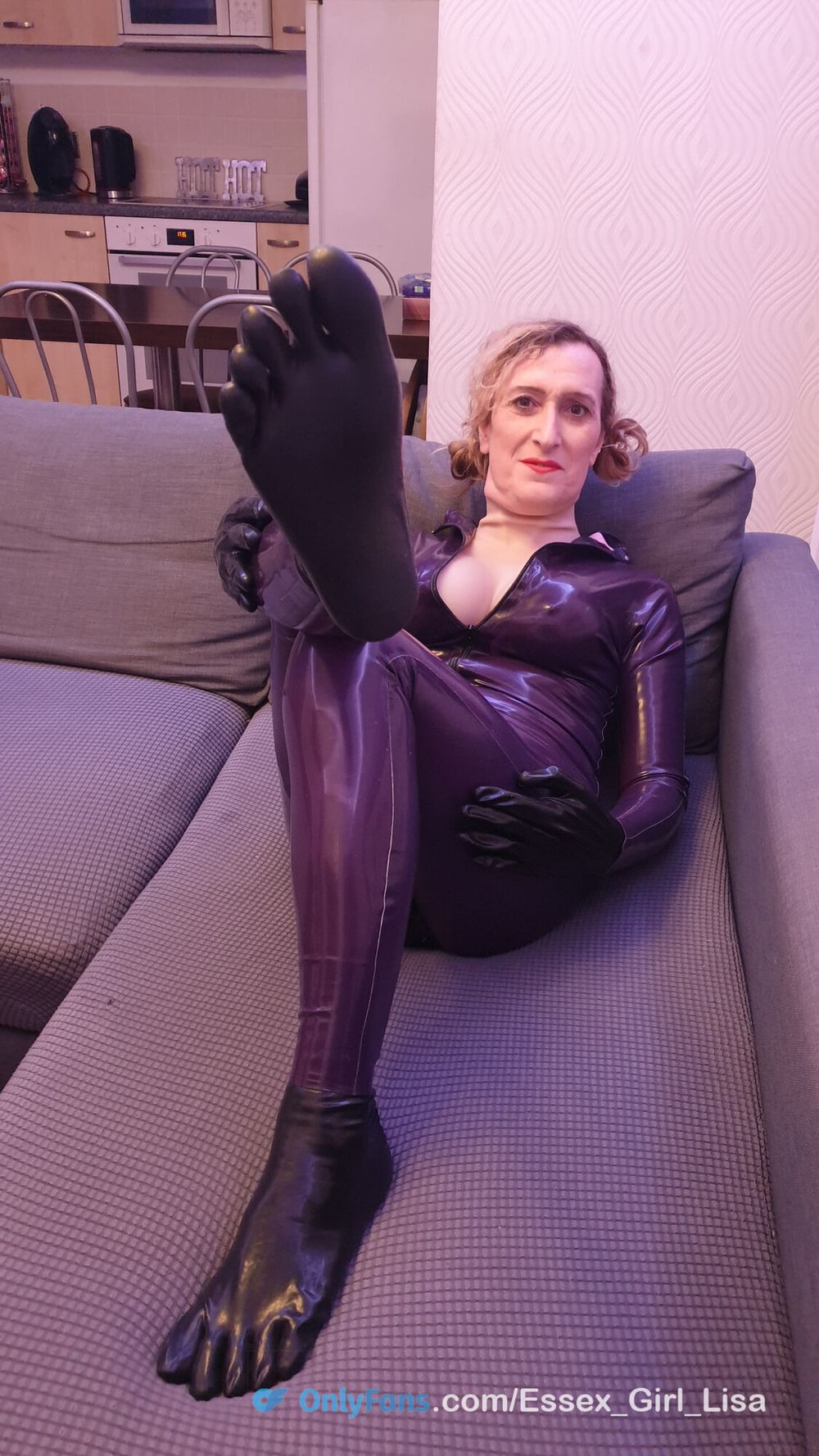 English MILF Lisa showing off in Latex catsuit and toe socks #11