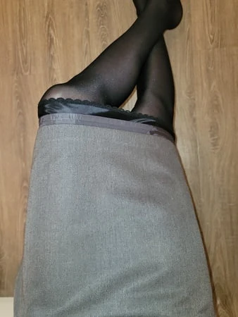 grey pencil skirt with black silky half slip         