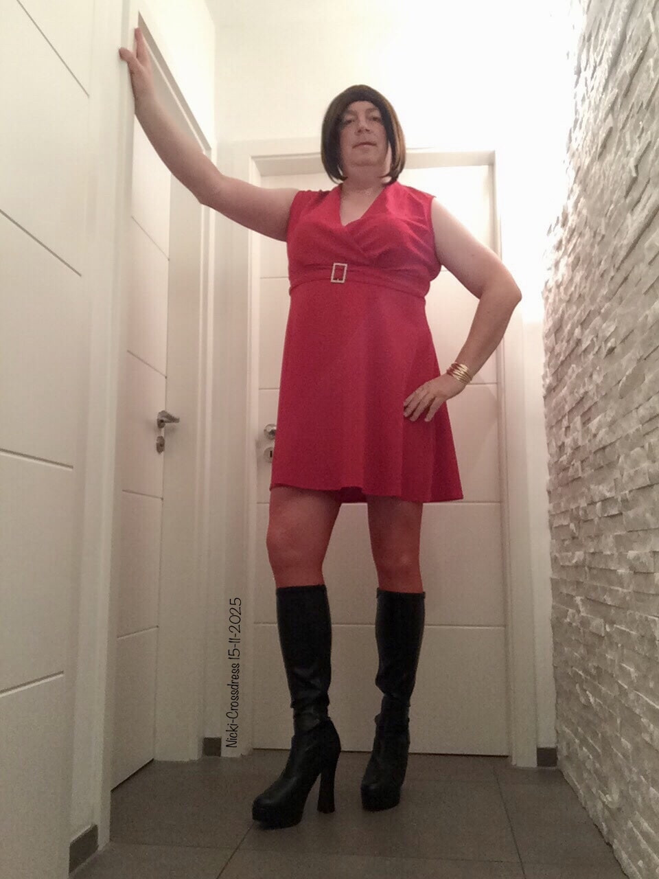 Nicki-Crossdress Lady in Red - Dress, Boots, Stockings  #7