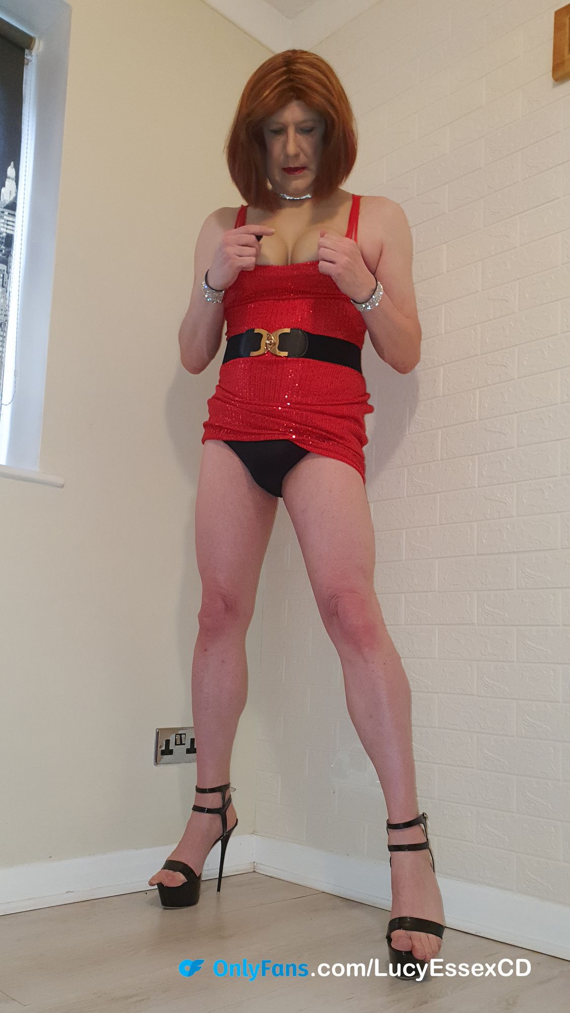 Sissy Lucy flashing my knickers and cock in red sequin dress #8