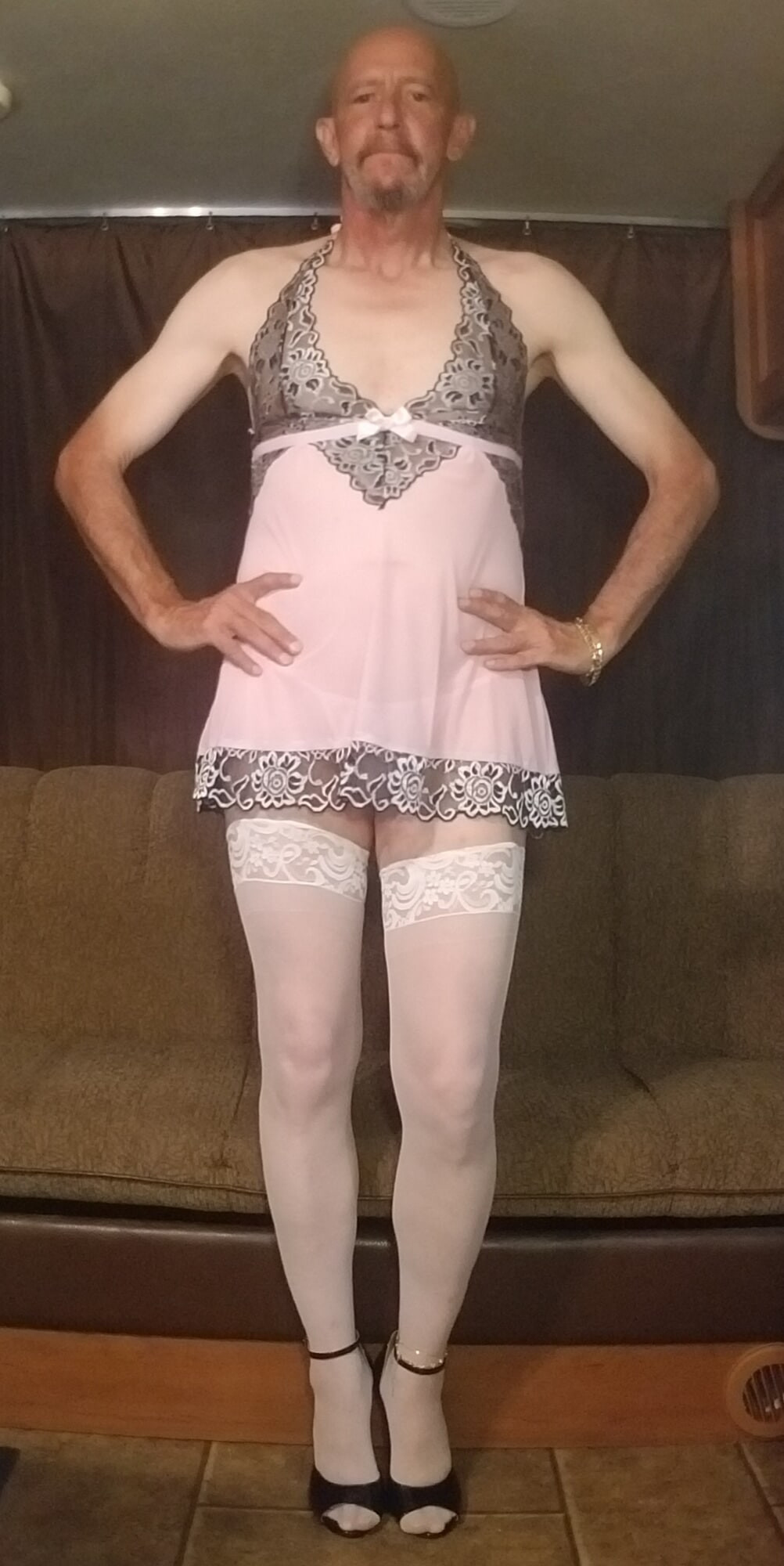 Faggot Andrew Brown in Pink Lingerie, Thigh Highs, Heels #2