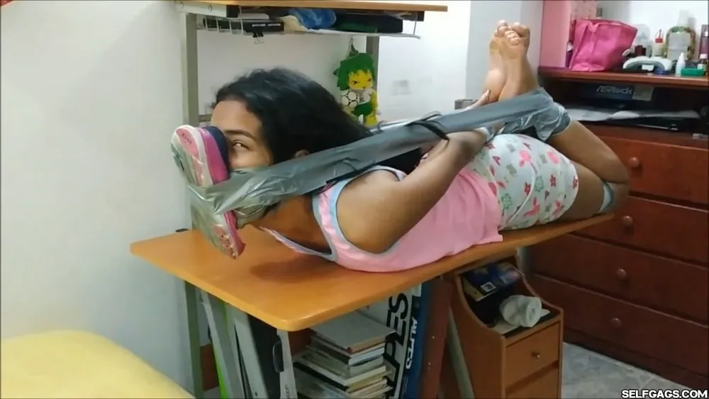 Babysitter Hogtied With Shoe Tied To Her Face - Selfgags