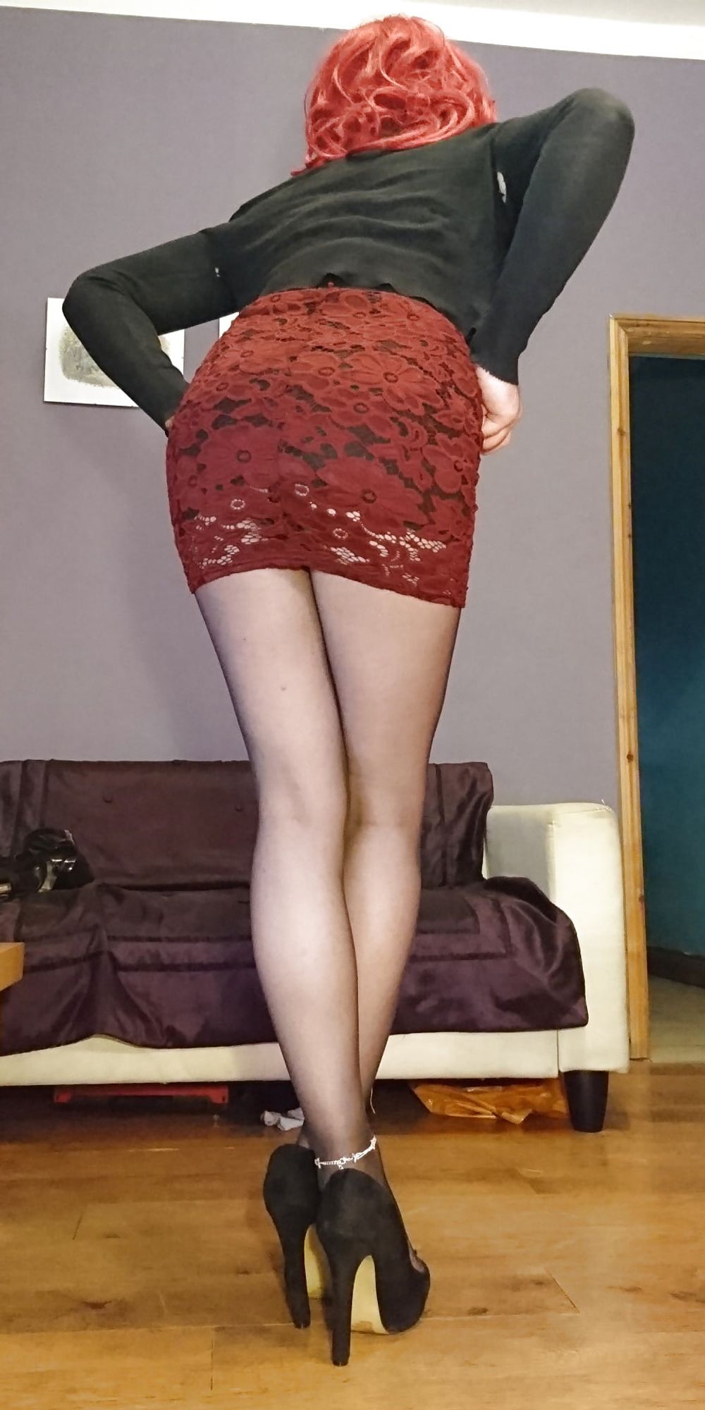 Marie crossdresser in red lace dress and sheer pantyhose #10