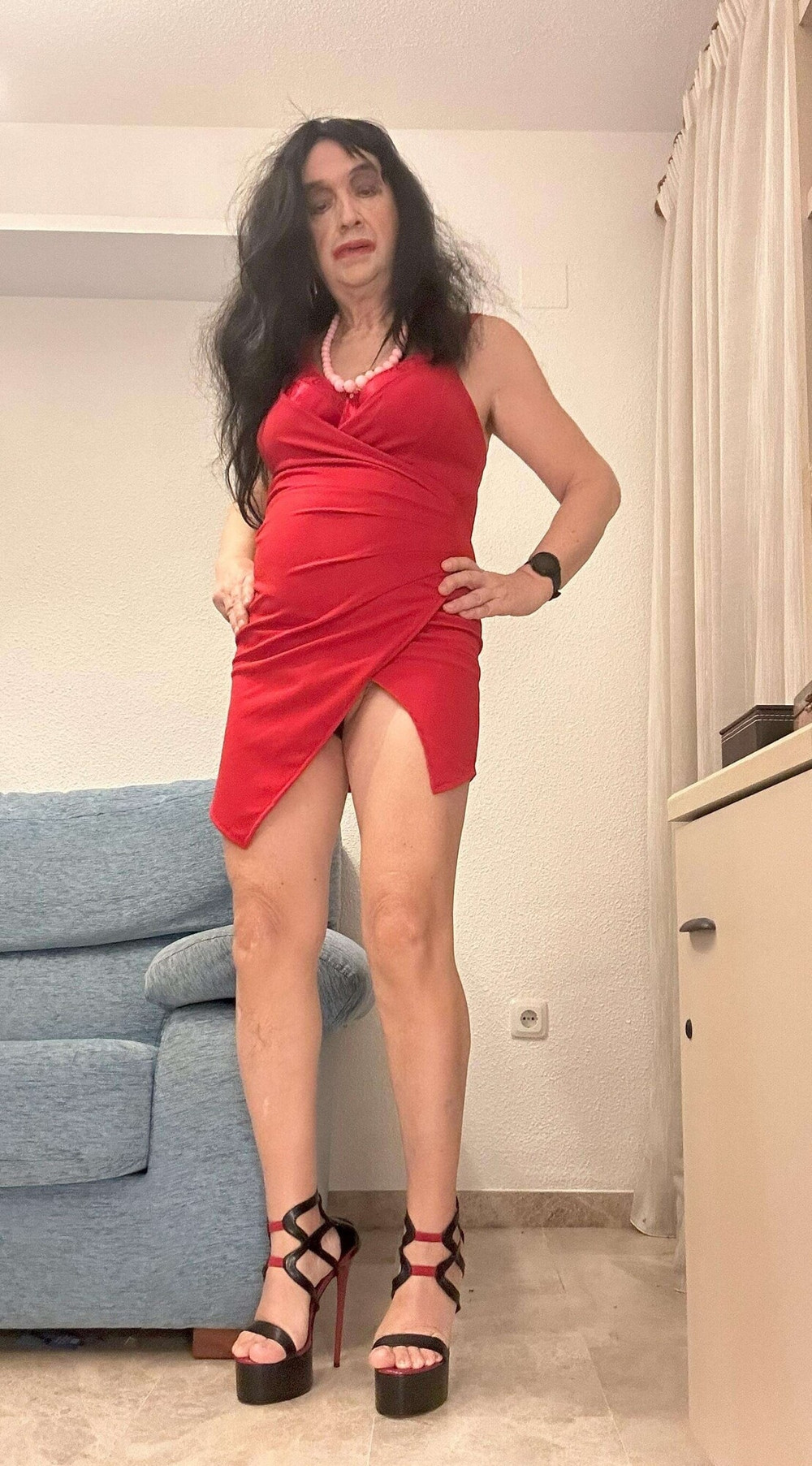 Beautiful shemale poses high heels red dress living room #10