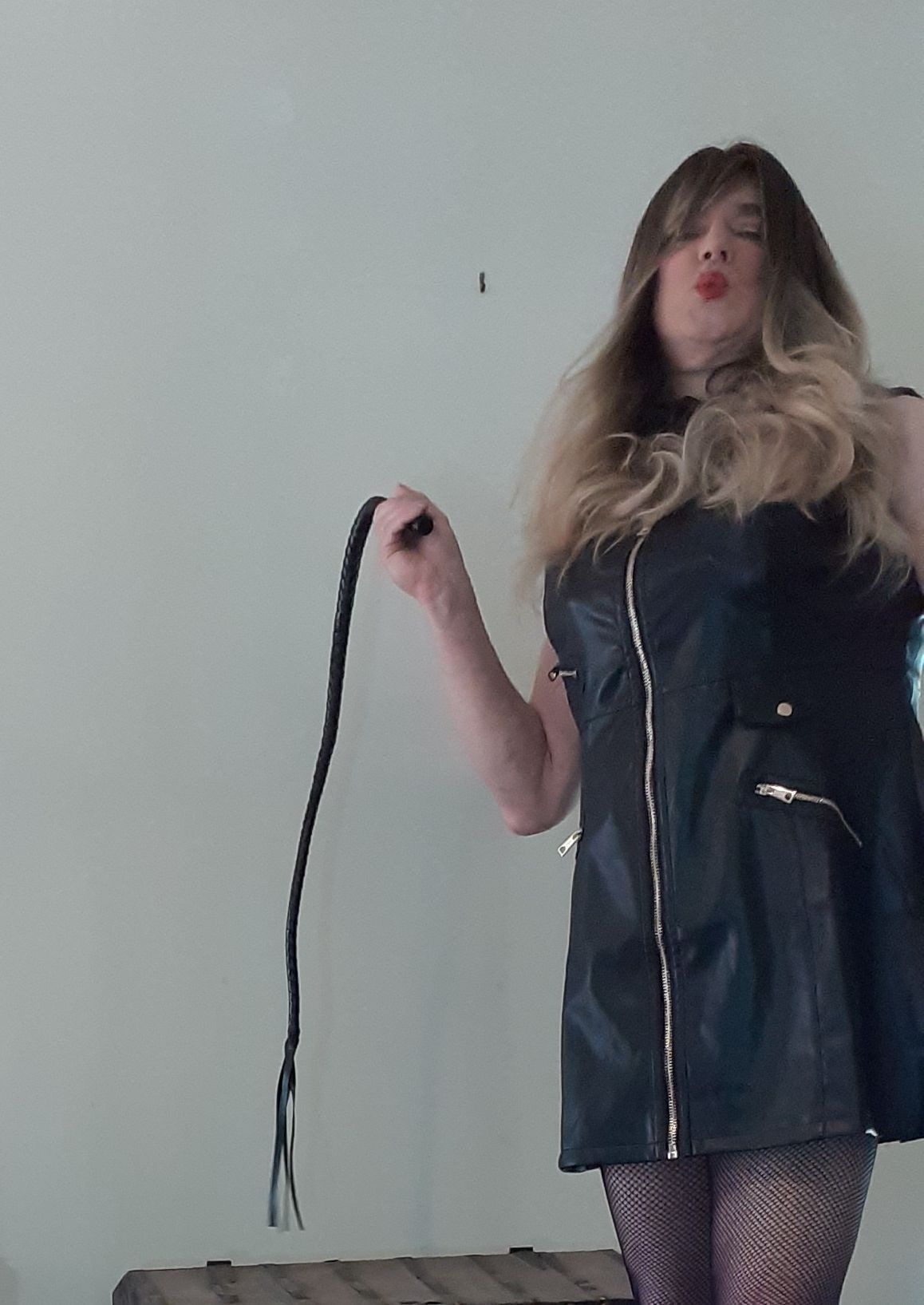 crossdressed in black leather dress #33