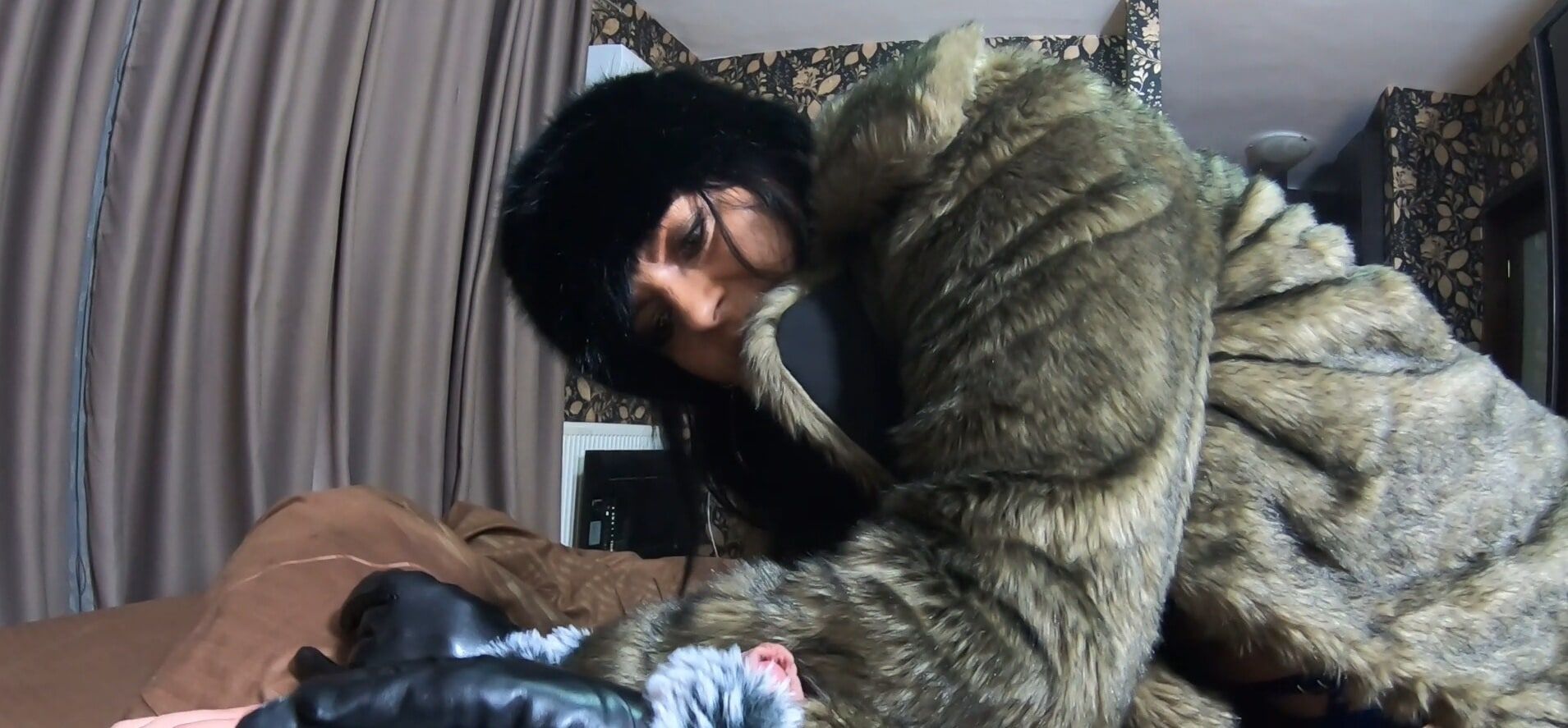 Deep blow-job and cum play while wearing  green fur-coat #6