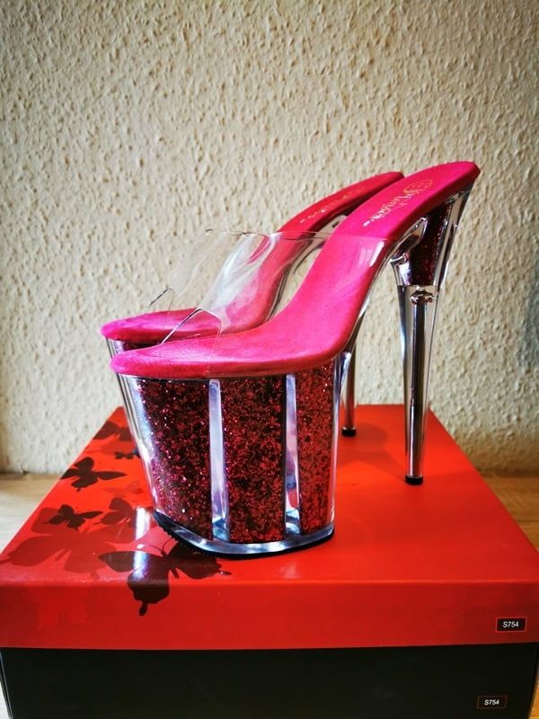 Pleaser Flamingo Pink Glitter Heels++Hold-Up Nylon Stockings #15