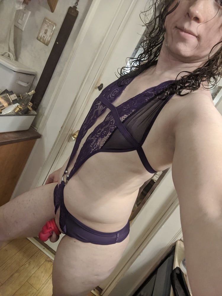 Purple Crotchless Lace and Chastity #19