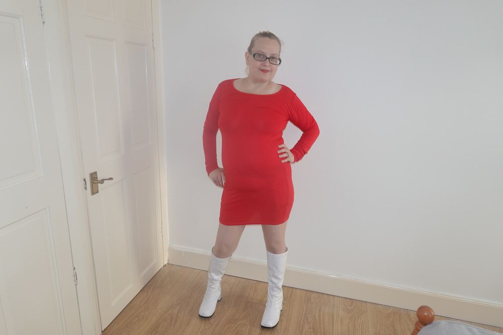 wearing red dress, Stockings and suspenders and boots #2