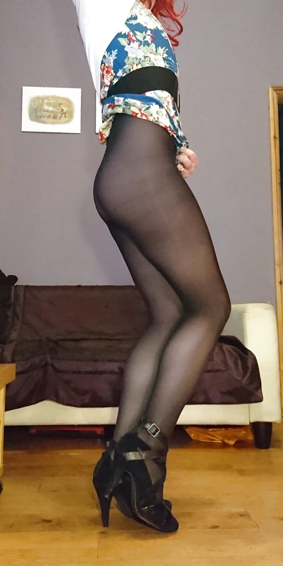 Marie crossdresser in opaque pantyhose and floral dress #4