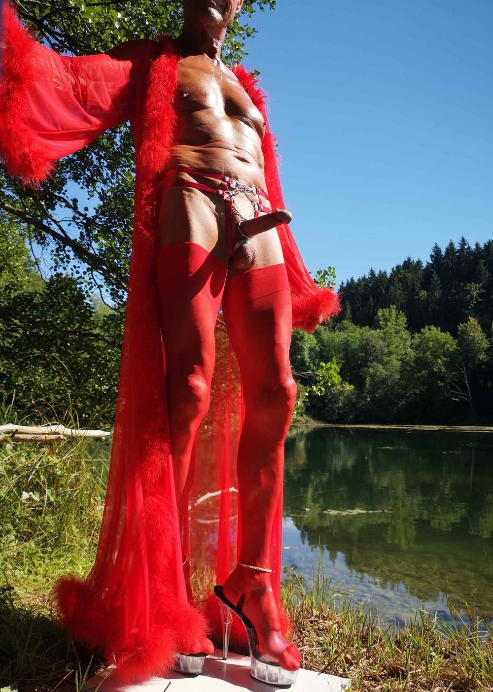 Boner in red at public Nudist Lake #10
