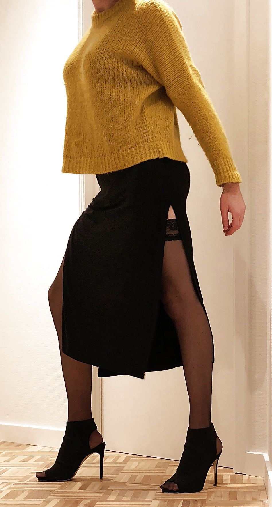 Mustard jumper, black skirt & stay up stockings #17