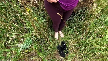 slapping her cunt and tits while hiking         