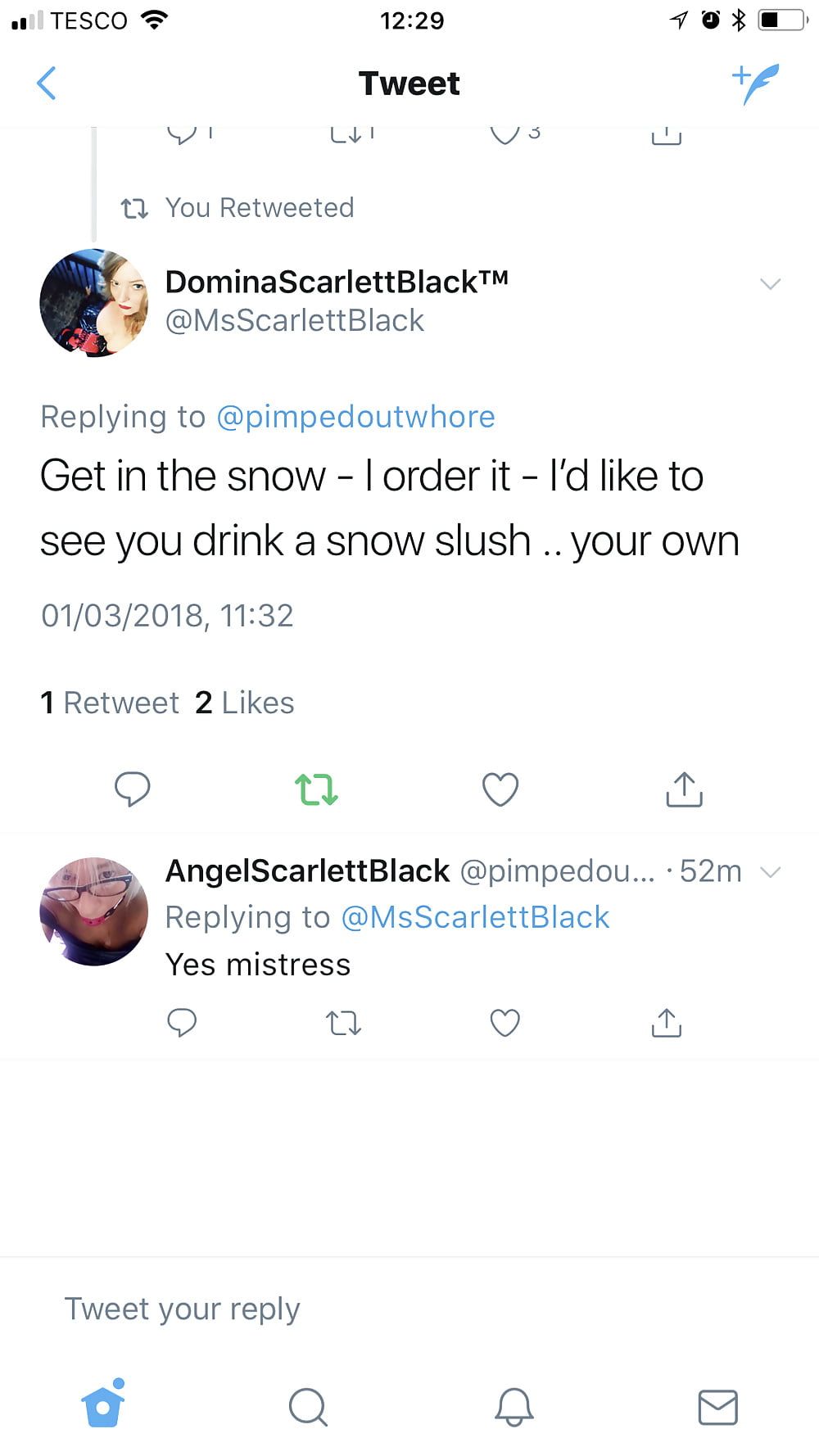 Mistress orders Angel 2 piss in the snow