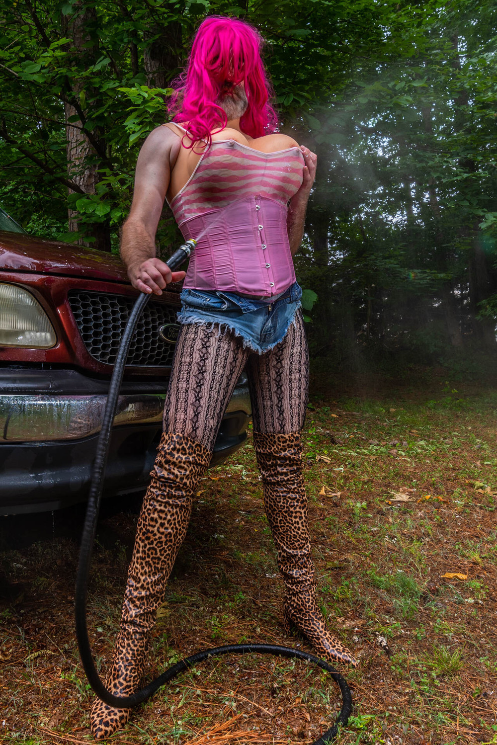 Gigantic fake tits crossdresser washing my truck in Daisy Du #22