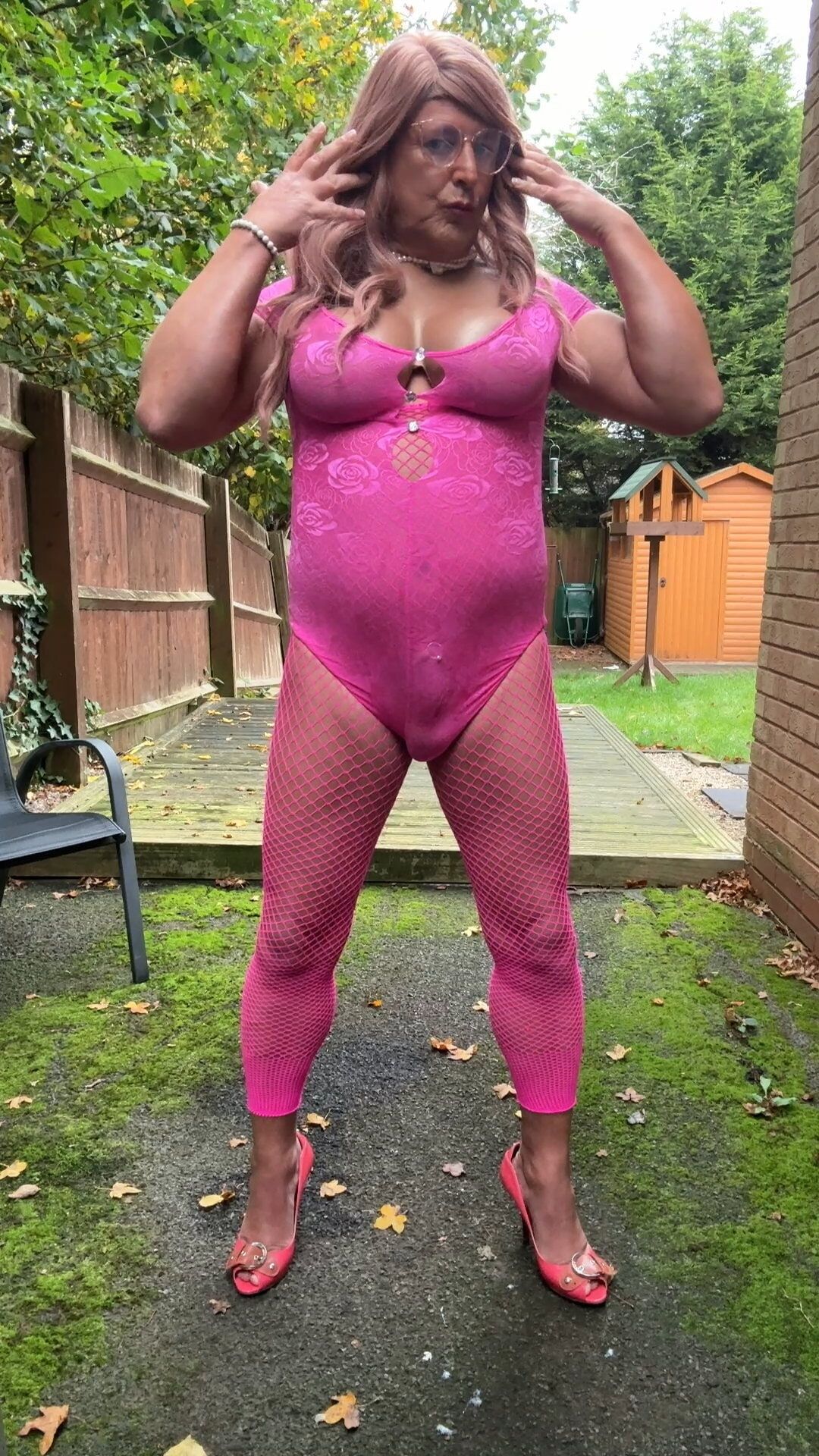 Crossdresser kellycd2022 in pink playsuit and fishnets  #12