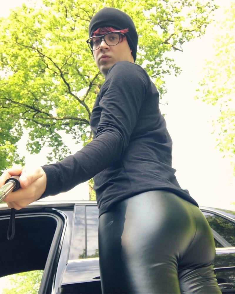 Young twink faggot sissy boy with leather leggings and thong #14