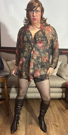 Sexy Crossdresser wearing lingerie Black Stockings & Boots
