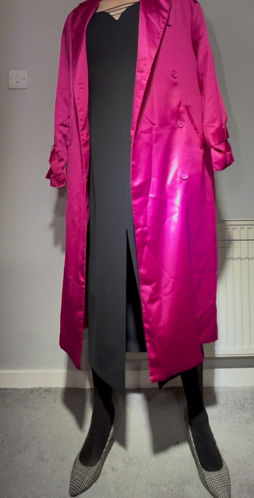 Sissy dressing up in a satin trench coat and long dress