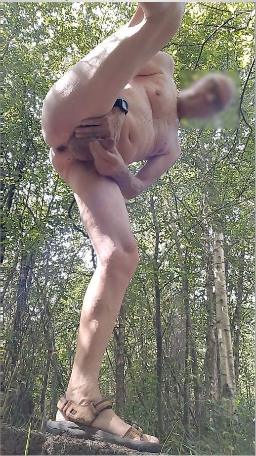 naked exhibitionist jerking in public outdoor woods with cum #22